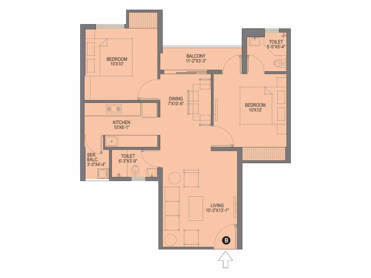 2 BHK typical floor plan, Flat B