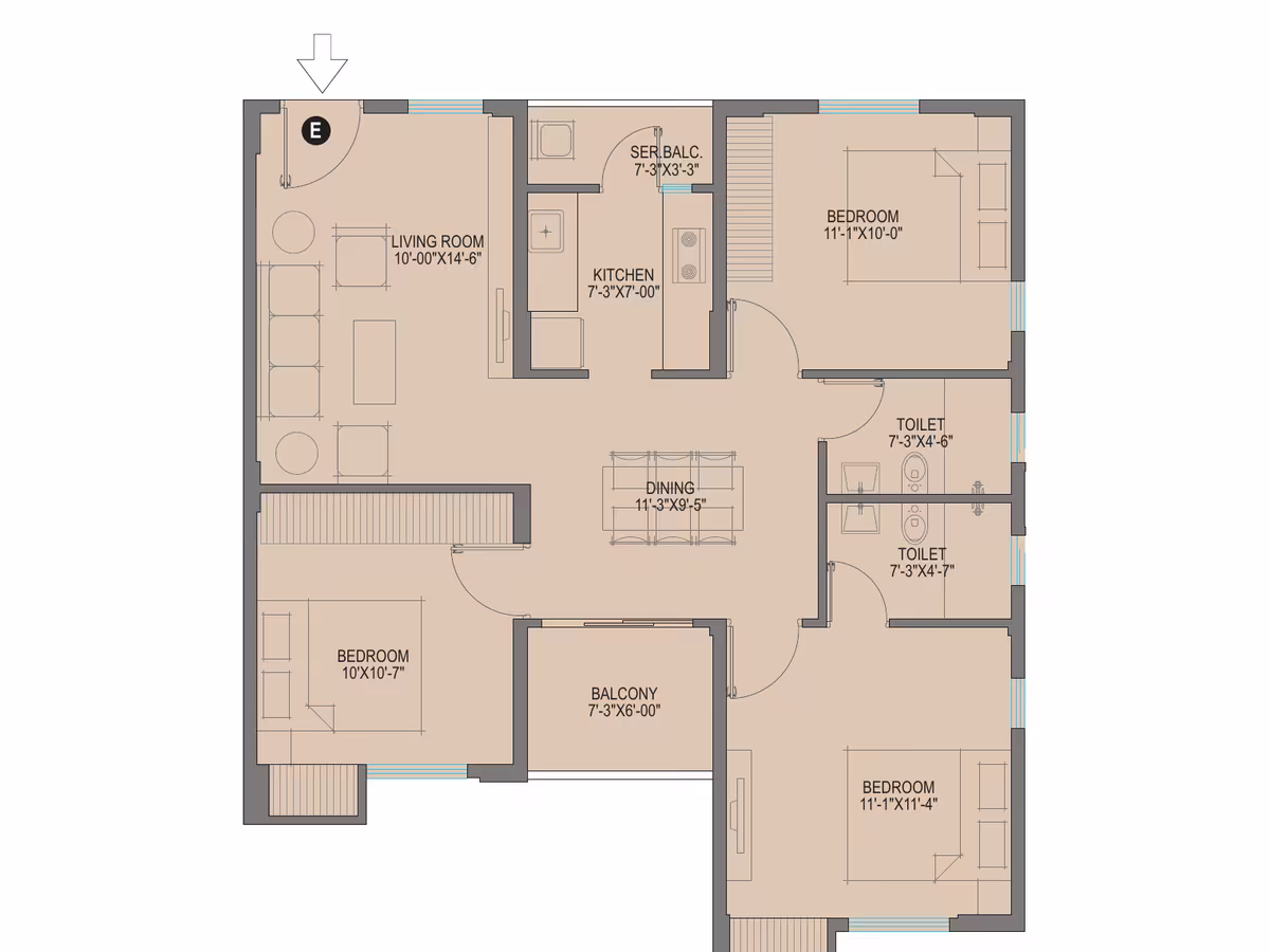3 BHK 1180 sq.ft. typical floor plan, Flat E