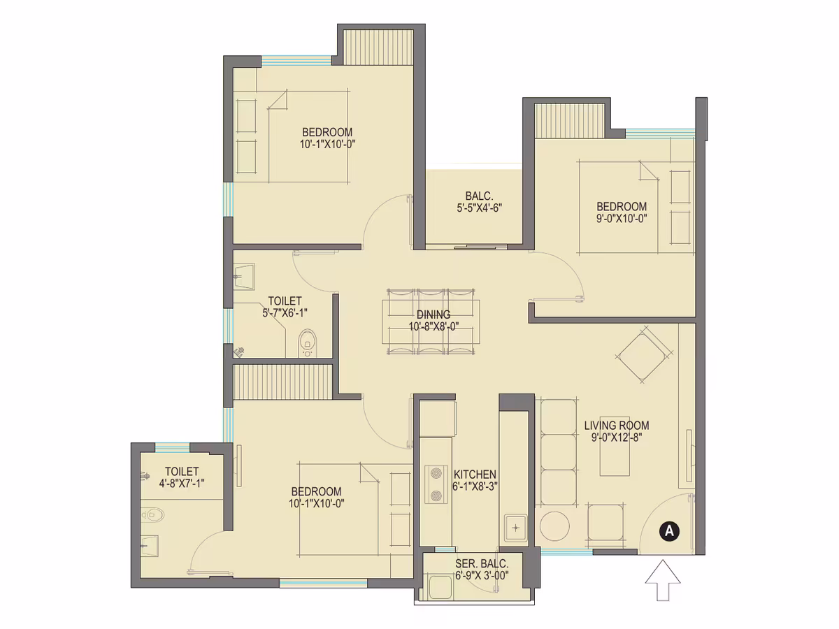 3 BHK 1020 sq.ft. typical floor plan, Flat A
