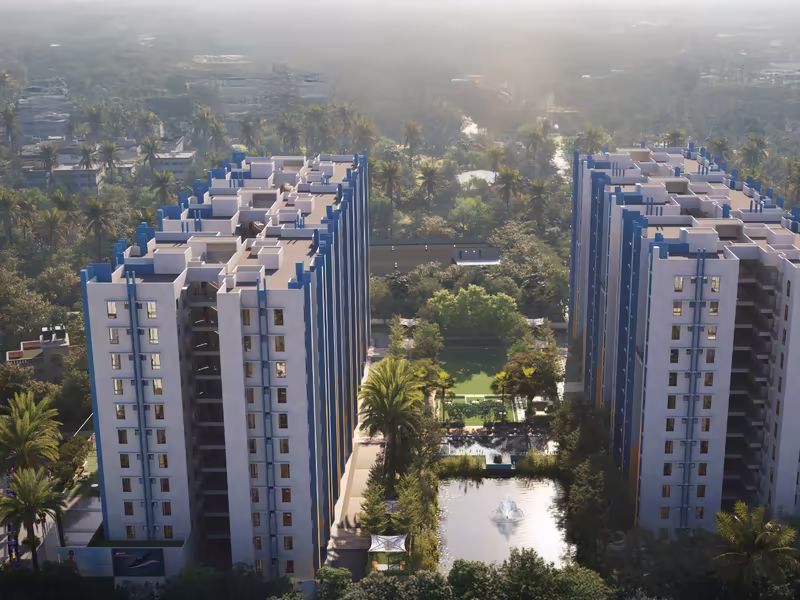 Aerial view of the towers with the pond between them