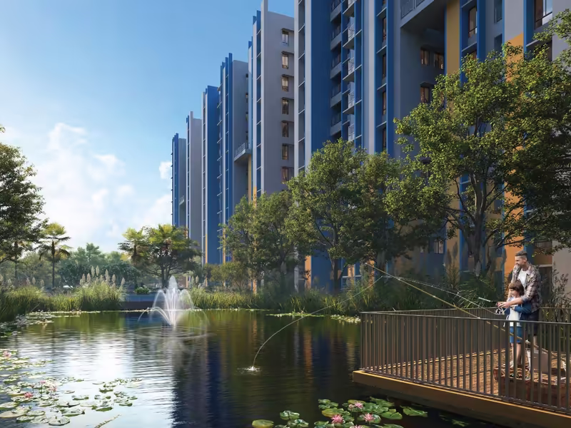 Floating deck over the natural pond with residents fishing