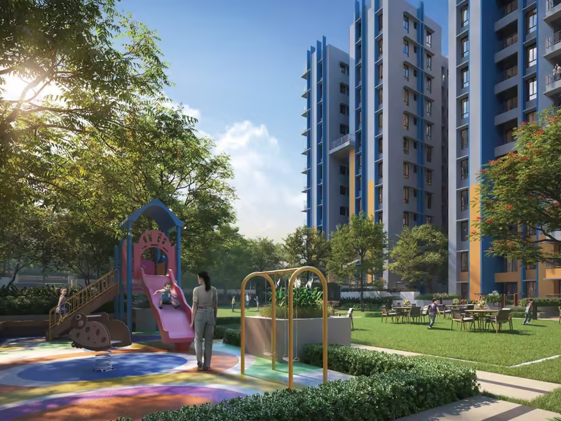Kids' play area beside the central lawn