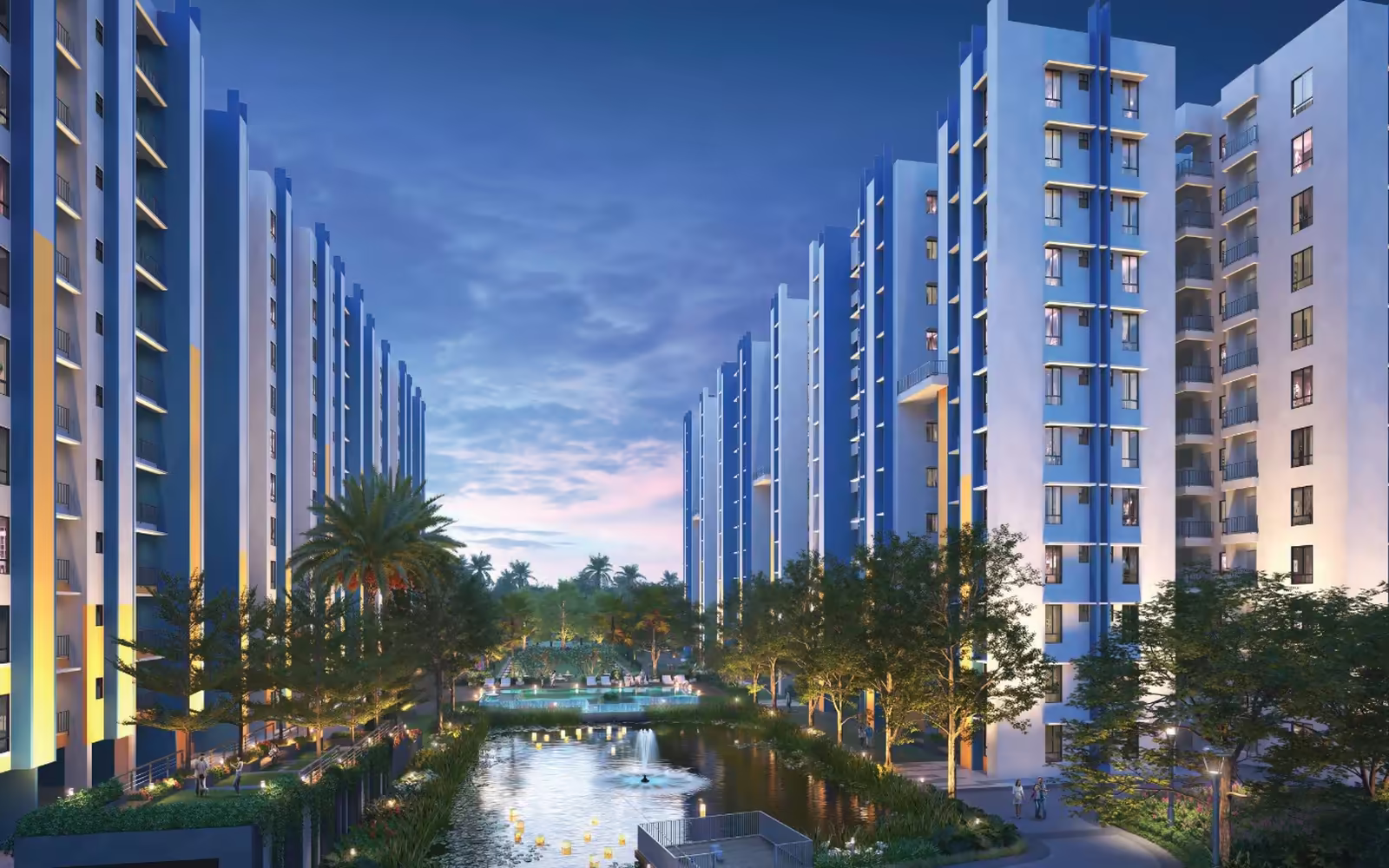 DTC Good Earth towers around the natural pond at dusk
