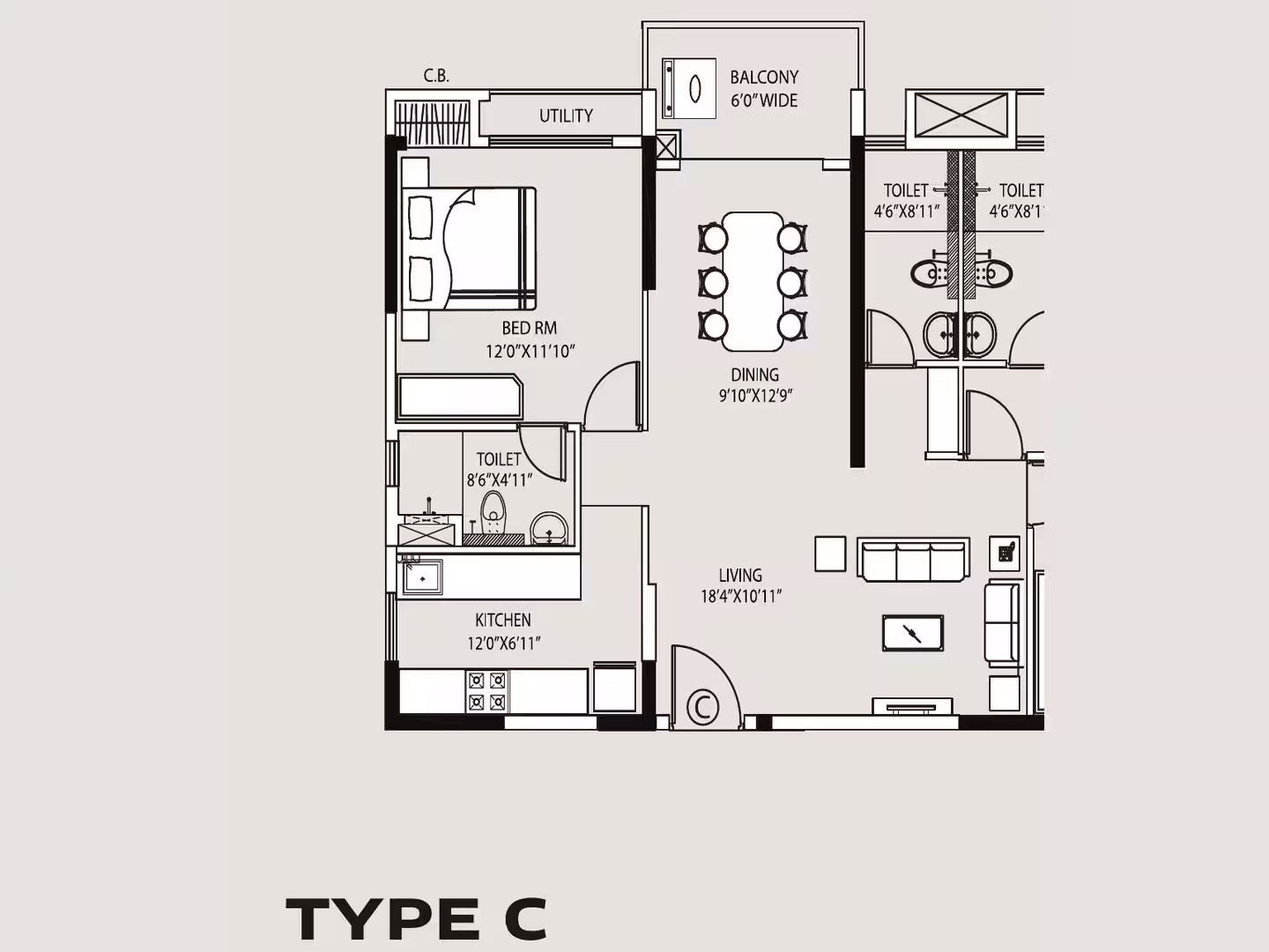 Large 3 BHK + 3T floor plan