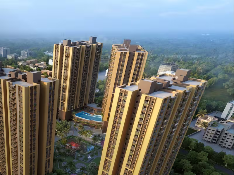 Aerial view of the Orizon towers, clubhouse pool and podium sports arena