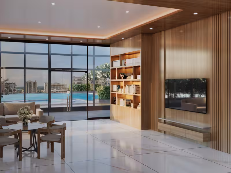 Senior citizens' room and library opening onto the pool deck