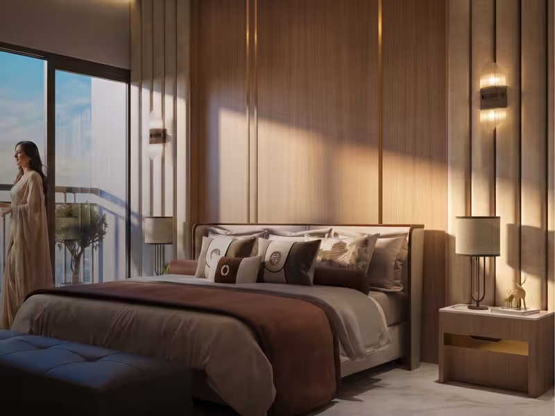 Bedroom with a standing balcony and city view
