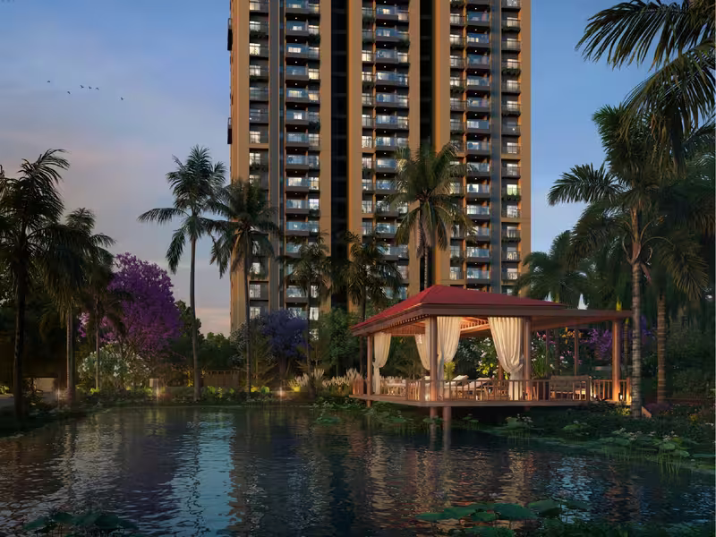 Serene water body with a gazebo at dusk