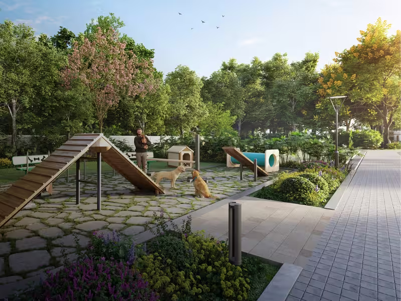 Pet park with agility ramps along a garden pathway