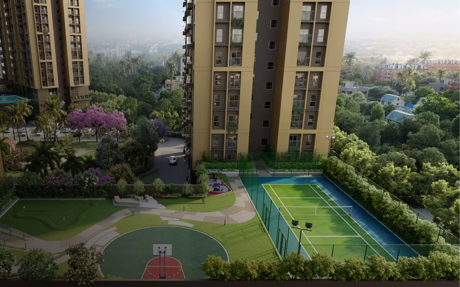 Podium-level garden with basketball and tennis courts between the Orizon towers