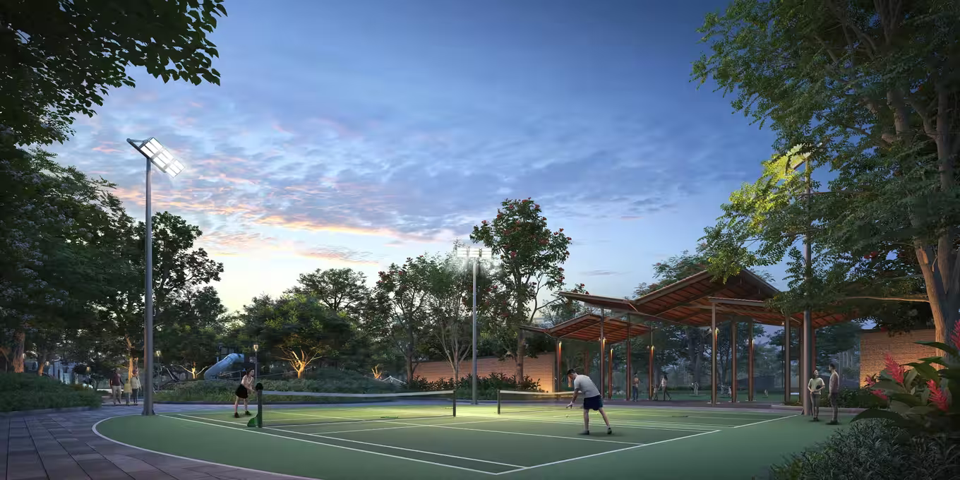 Pickleball court at twilight